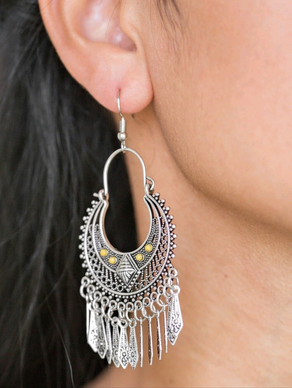 โPaparazzi Silver Boho Crescent Fringe Statement Earrings Yellow Accents